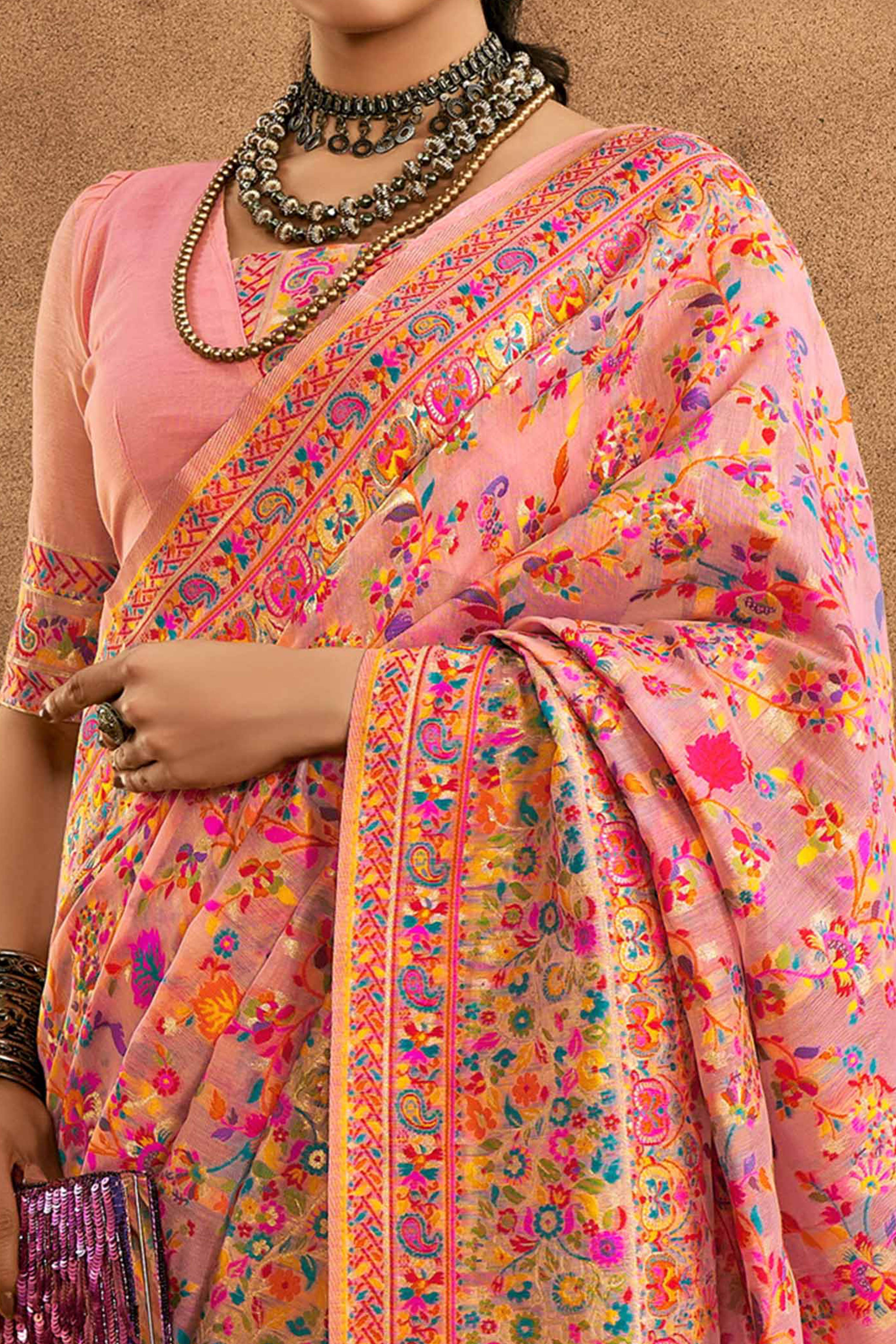 Graceful Pink Floral Weaving Pashmina Modal Cotton Blend Saree With Timeless Appeal