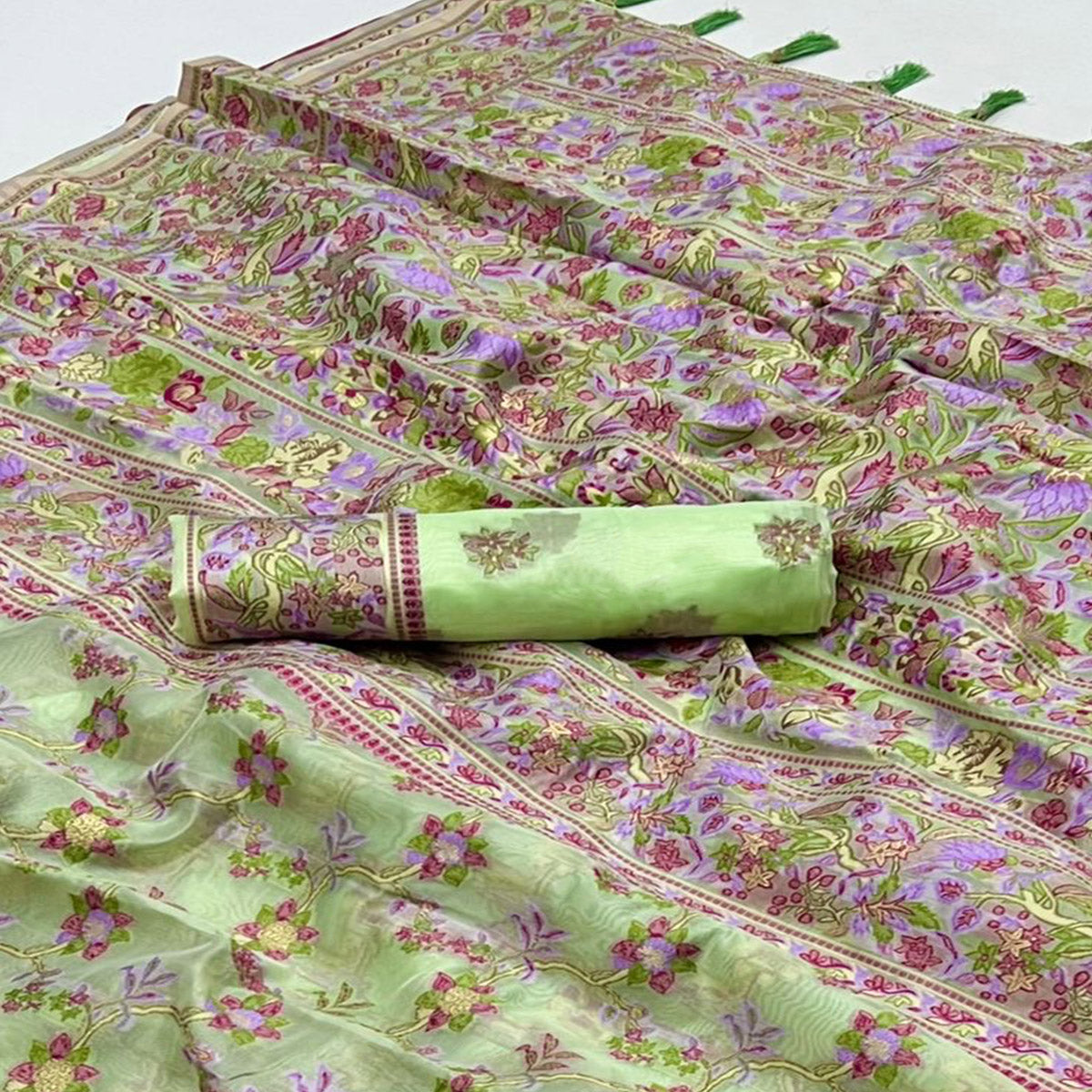 Pista Green Parsi Woven Organza Saree