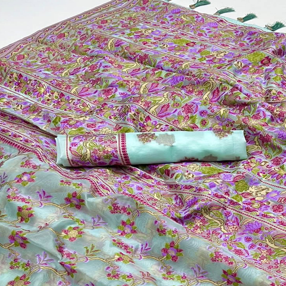 Pale Turquoise Parsi Woven Organza Saree