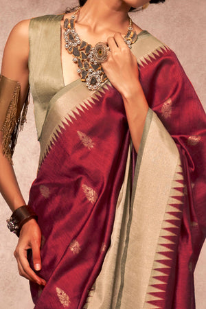 Traditional Bhagalpuri Silk Saree with Gadwal-Inspired Maroon Zari Weaving
