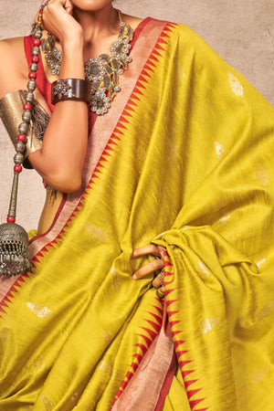 Traditional Bhagalpuri Silk Saree with Gadwal-Inspired Mustard Zari Weaving