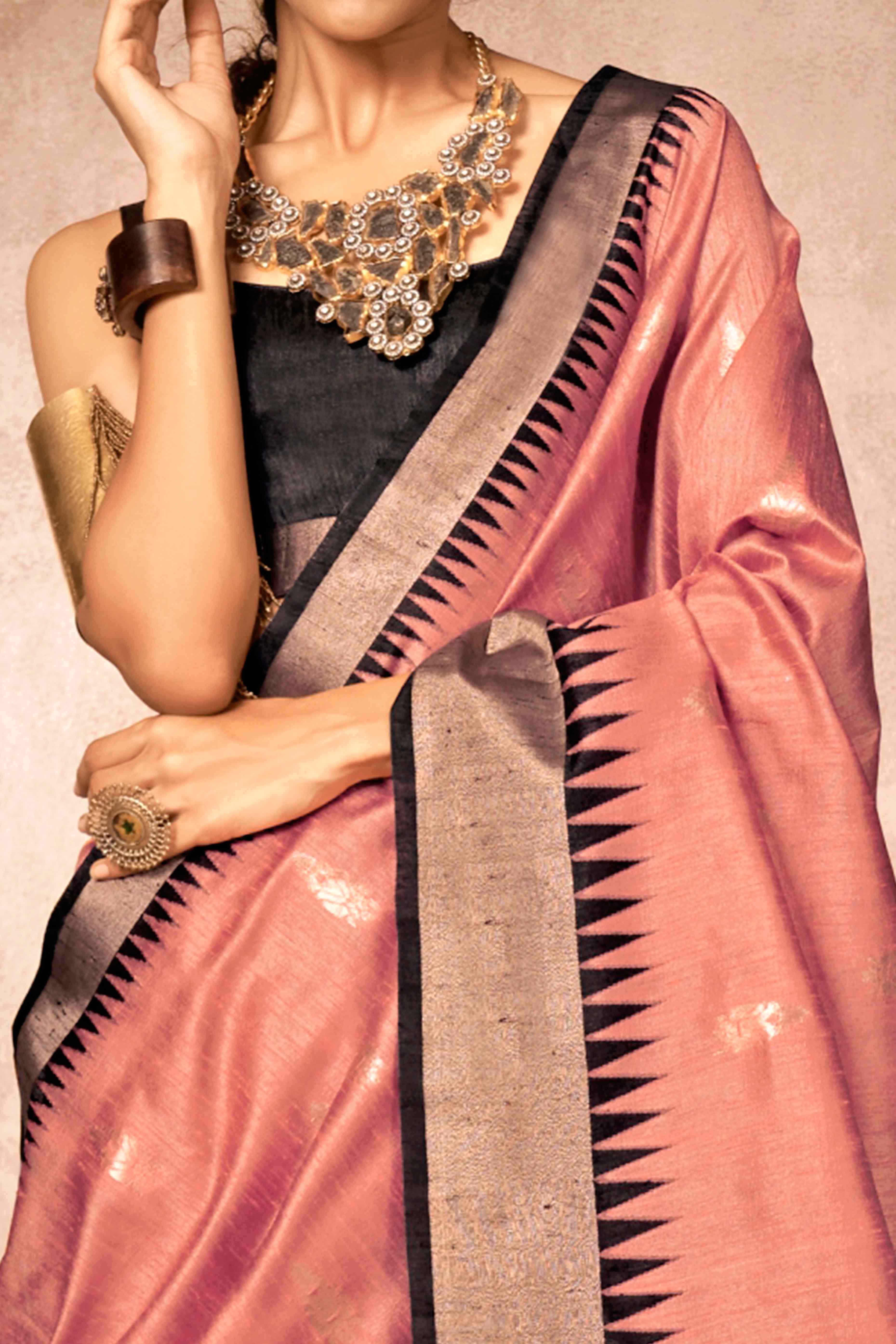 Traditional Bhagalpuri Silk Saree with Gadwal-Inspired Peach Zari Weaving