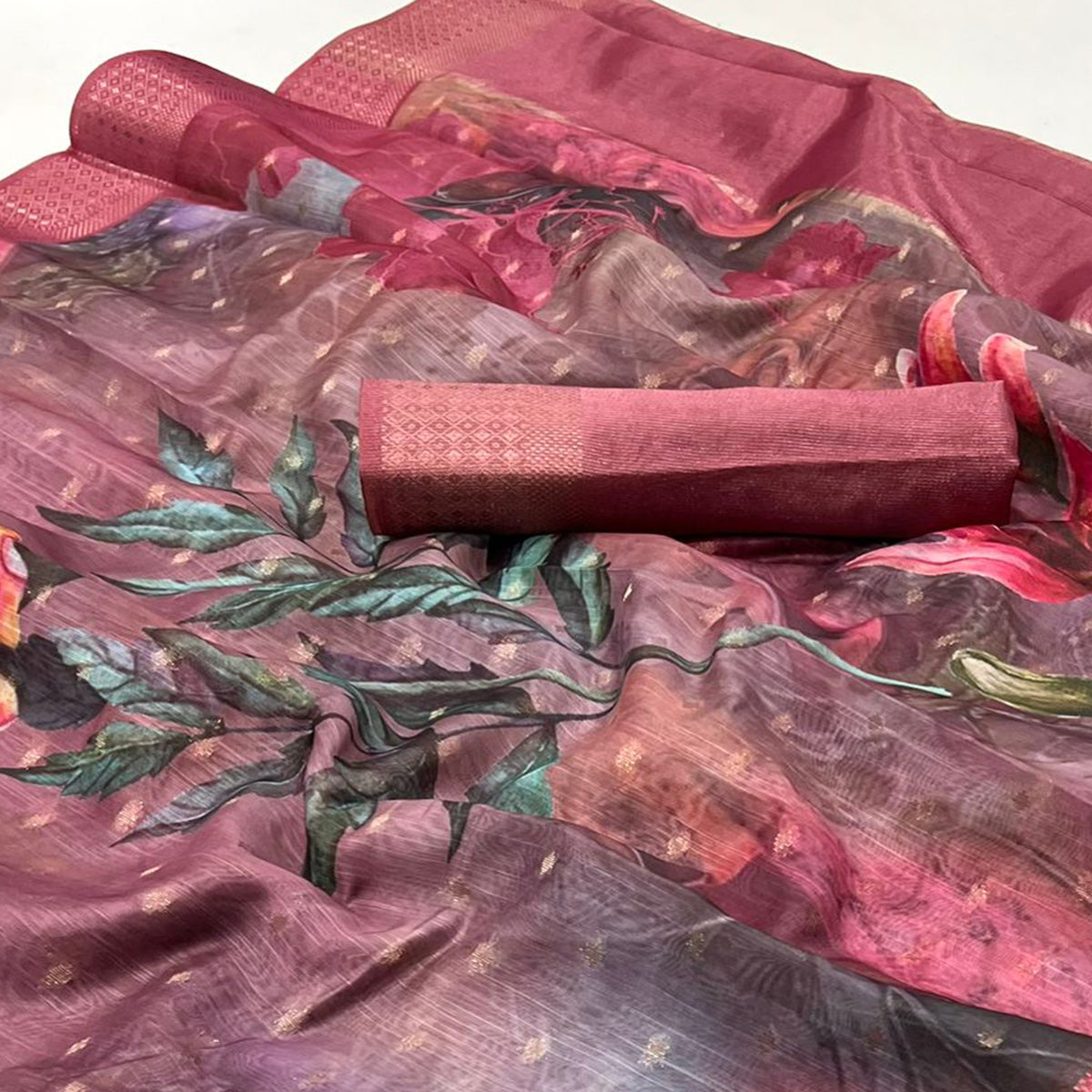 Pink Floral Digital Printed Linen Saree