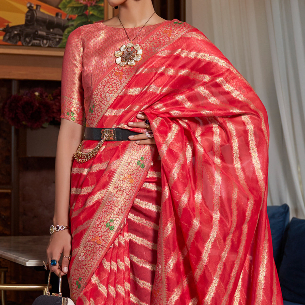 Red Woven Organza Saree With Tassels