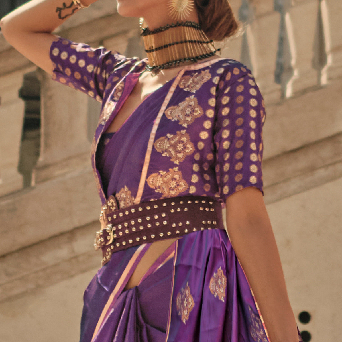 Purple Floral Woven Satin Saree With Tassels