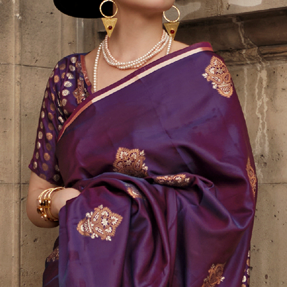 Purple Floral Woven Satin Saree With Tassels