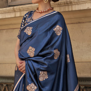 Blue Floral Woven Satin Saree With Tassels