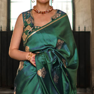 Green Floral Woven Satin Saree With Tassels