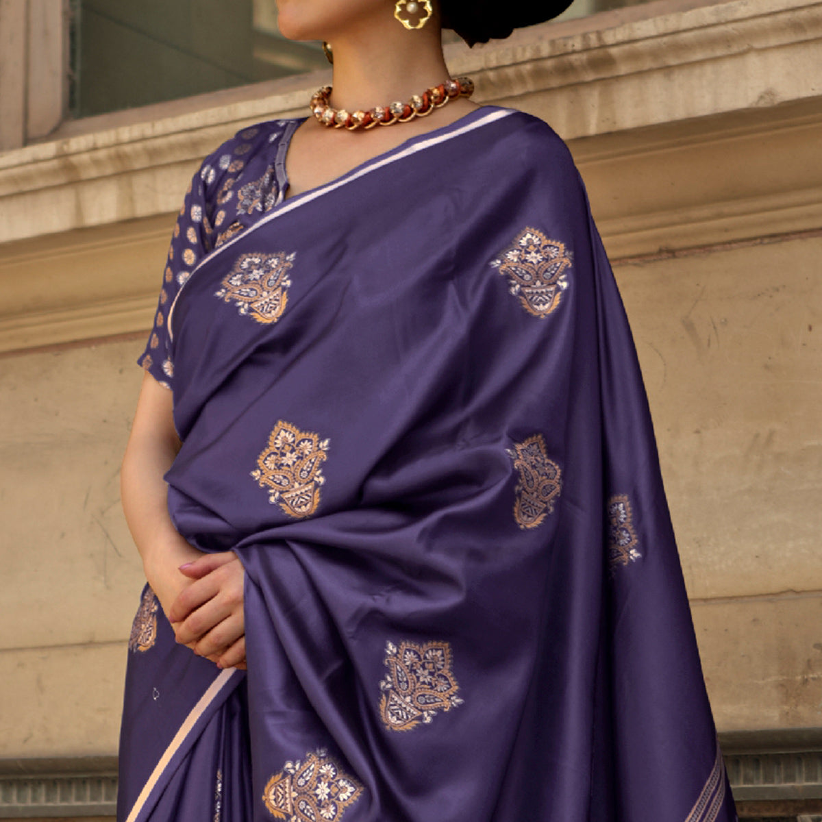 Violet Floral Woven Satin Saree With Tassels