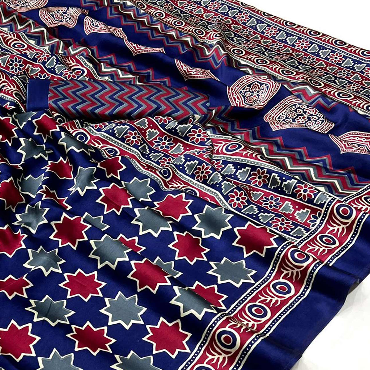 Blue Printed Crepe Saree