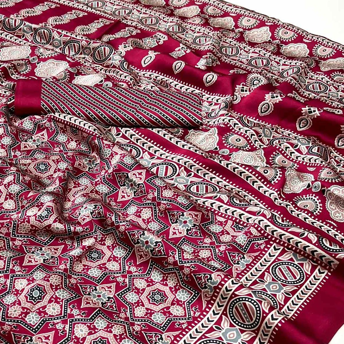 Maroon Printed Crepe Saree