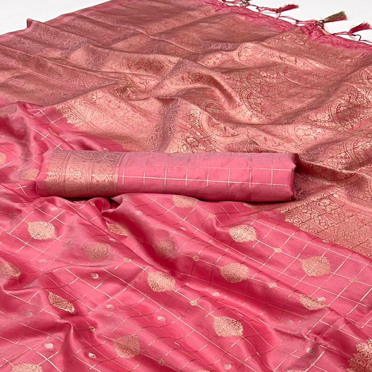 Peach Woven Art Silk Saree With Tassels
