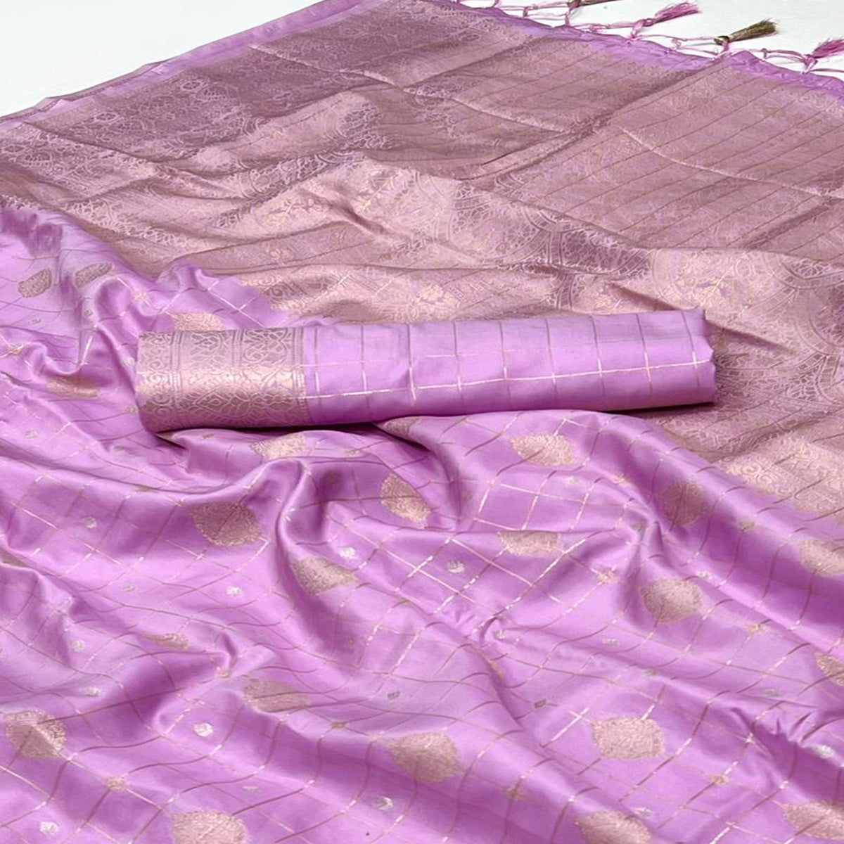 Pink Woven Art Silk Saree With Tassels