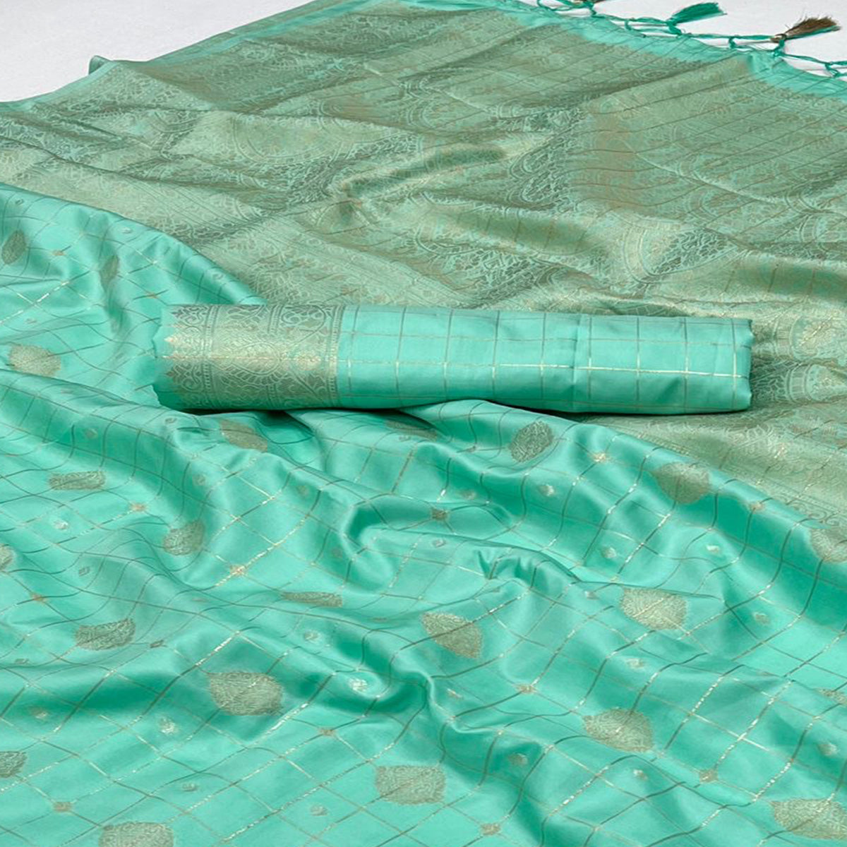 Turquoise Woven Art Silk Saree With Tassels