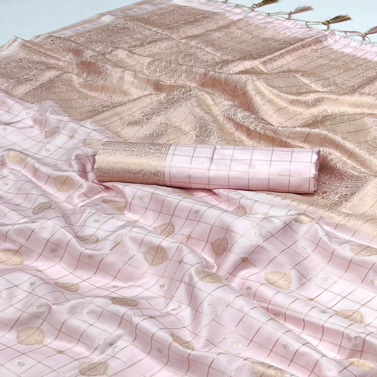 Baby Pink Woven Art Silk Saree With Tassels