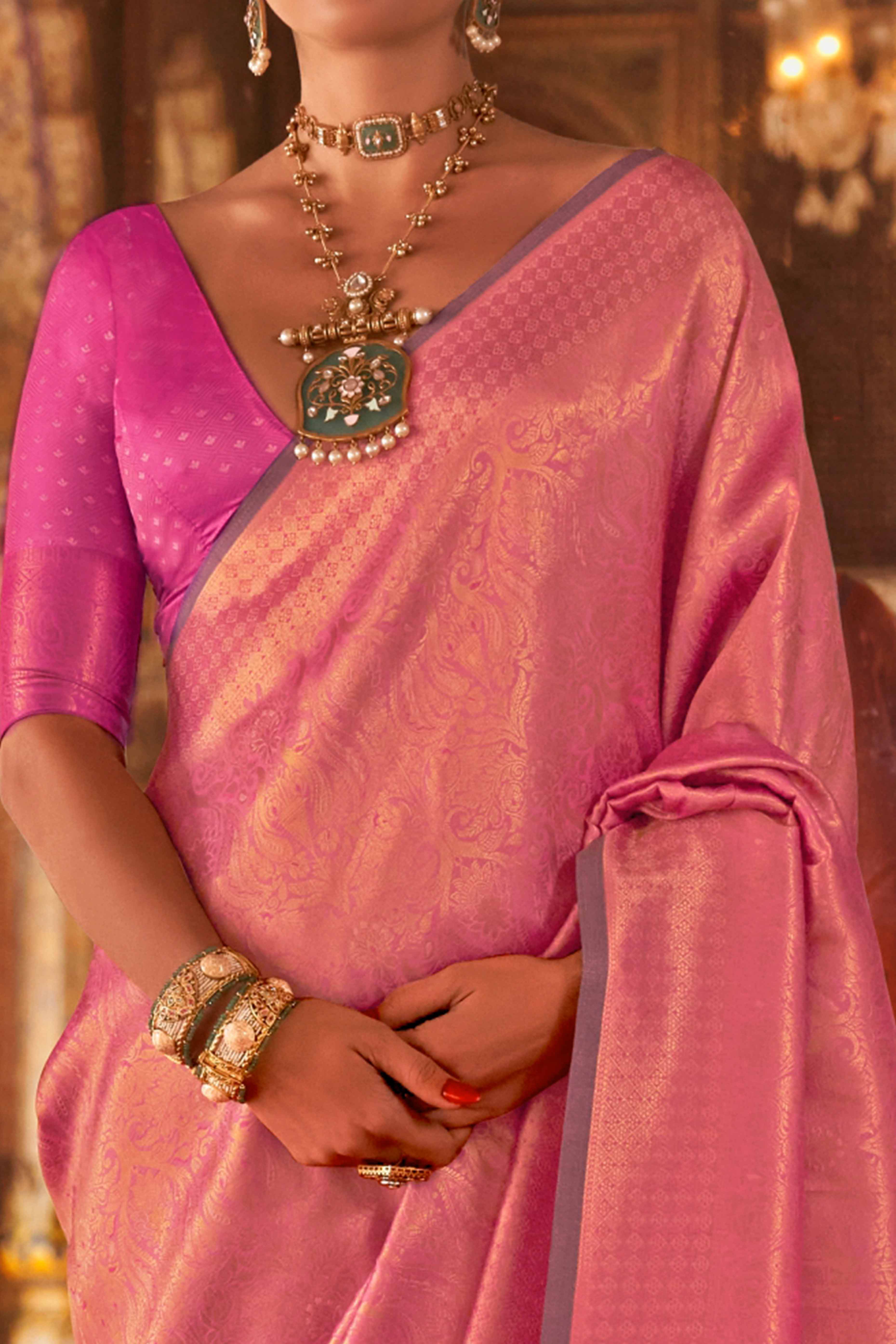 Light Pink Pure Look Banarasi Saree with Classic Zari Brocade Weaving