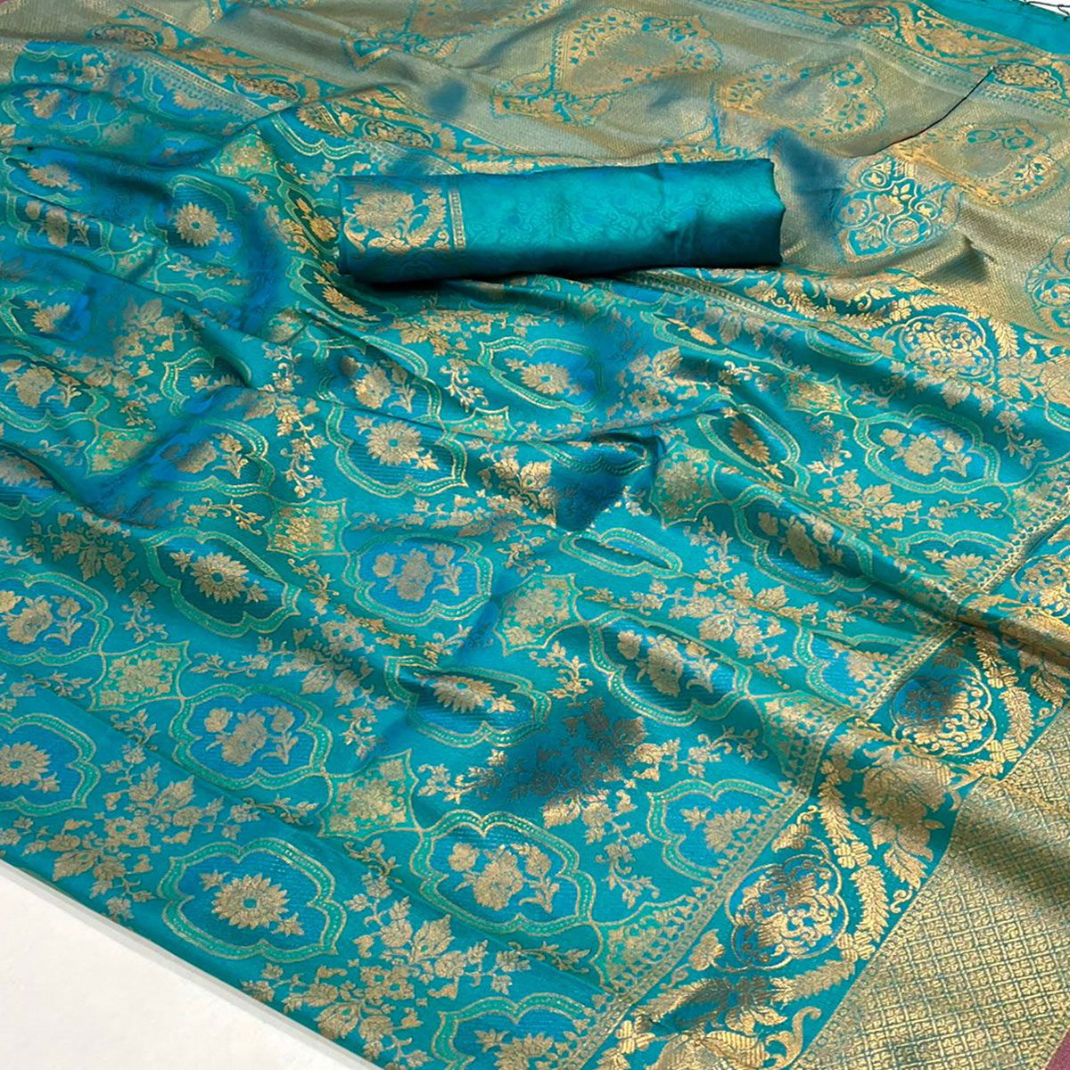 Rama Blue Zari Weaving Art Silk Saree With Tassels