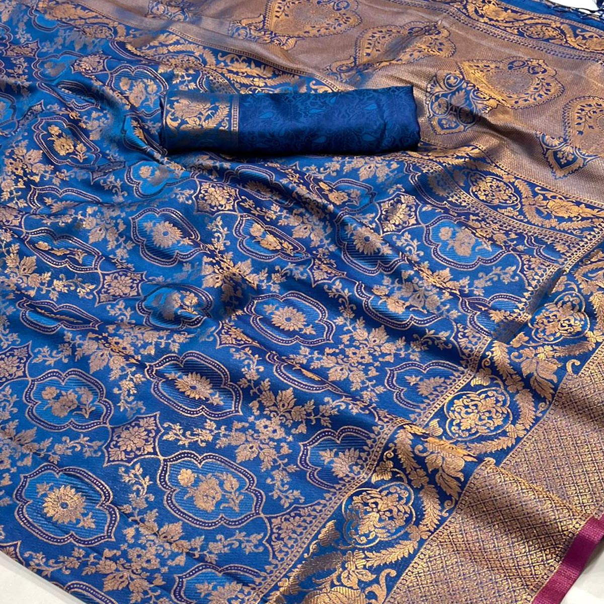 Blue Zari Weaving Art Silk Saree With Tassels