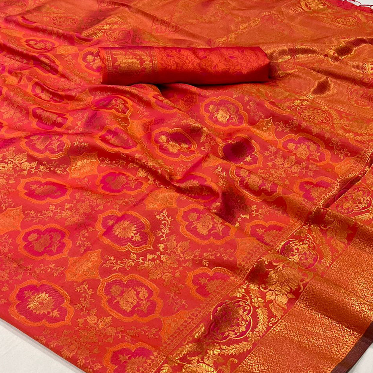 Orange Zari Weaving Art Silk Saree With Tassels