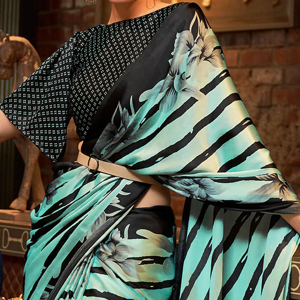 Turquoise Floral Printed Satin Saree