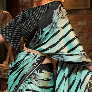 Turquoise Floral Printed Satin Saree