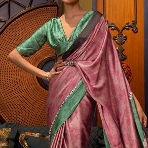Mauve Floral Printed Satin Saree