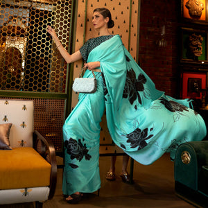 Turquoise Floral Printed Satin Saree