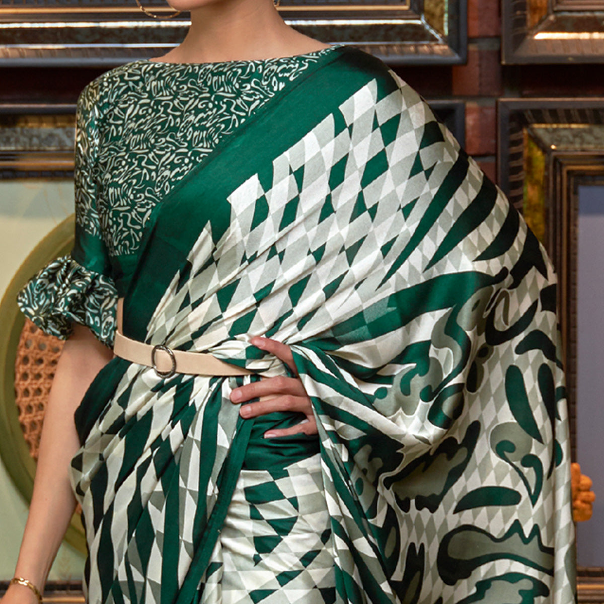 White & Green Striped Printed Satin Saree