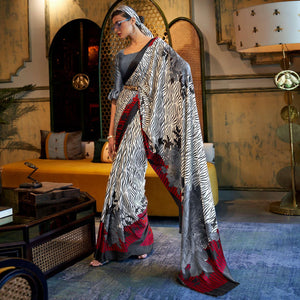 White & Black Striped Printed Satin Saree