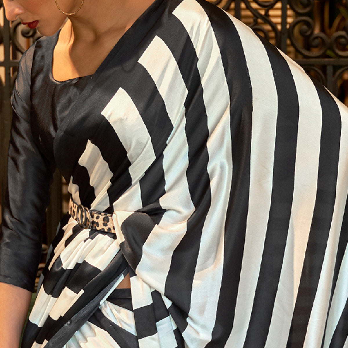 White & Black Striped Printed Satin Saree