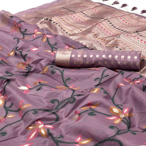 Mauve Floral Woven Cotton Silk Saree With Tassels