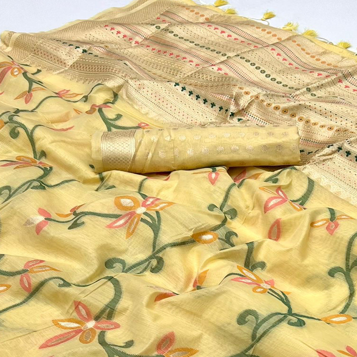 Yellow Floral Woven Cotton Silk Saree With Tassels