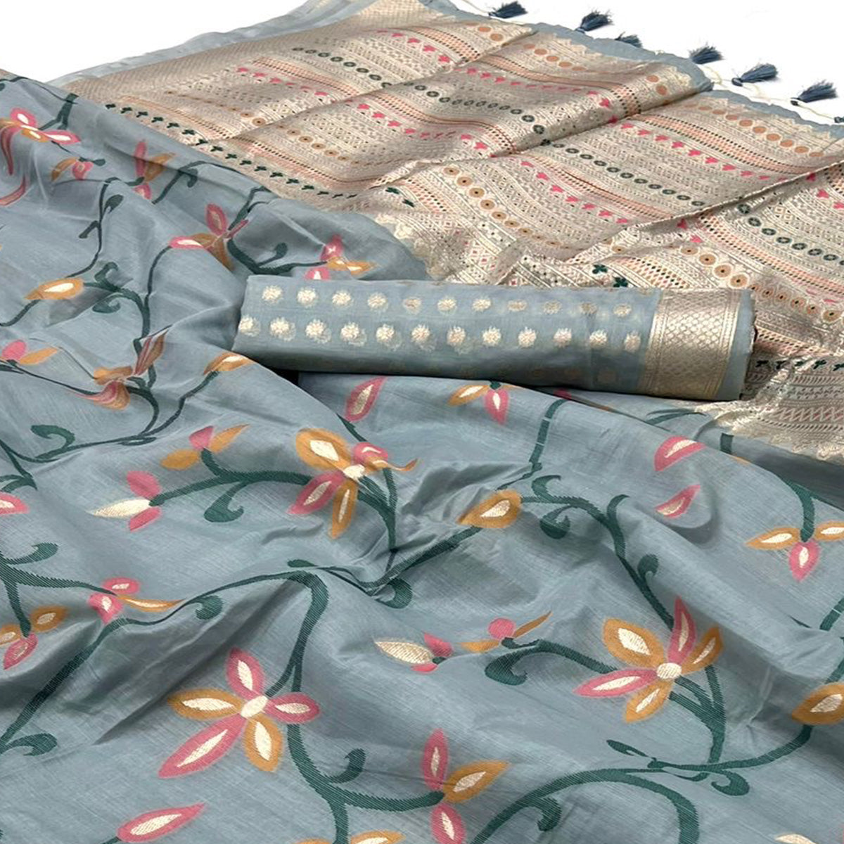 Grey Floral Woven Cotton Silk Saree With Tassels