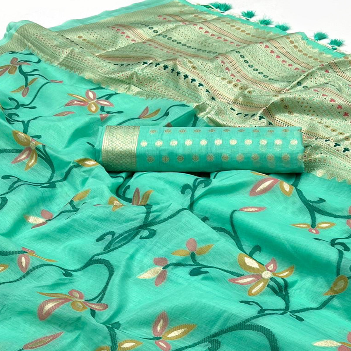 Turquoise Floral Woven Cotton Silk Saree With Tassels