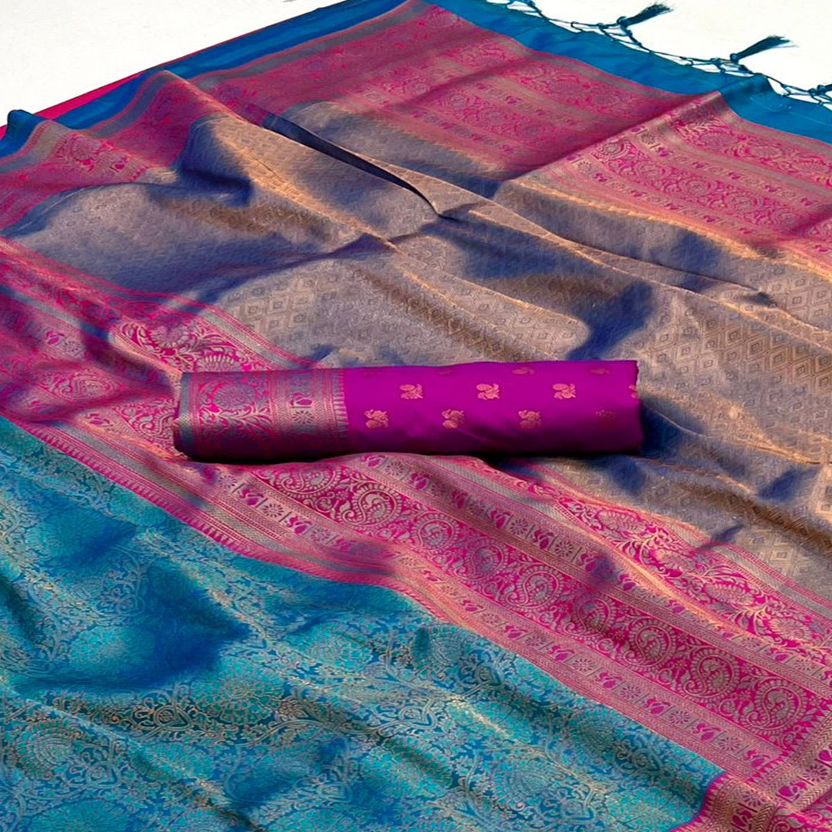 Rama Blue Floral Woven Art Silk Saree With Tassels