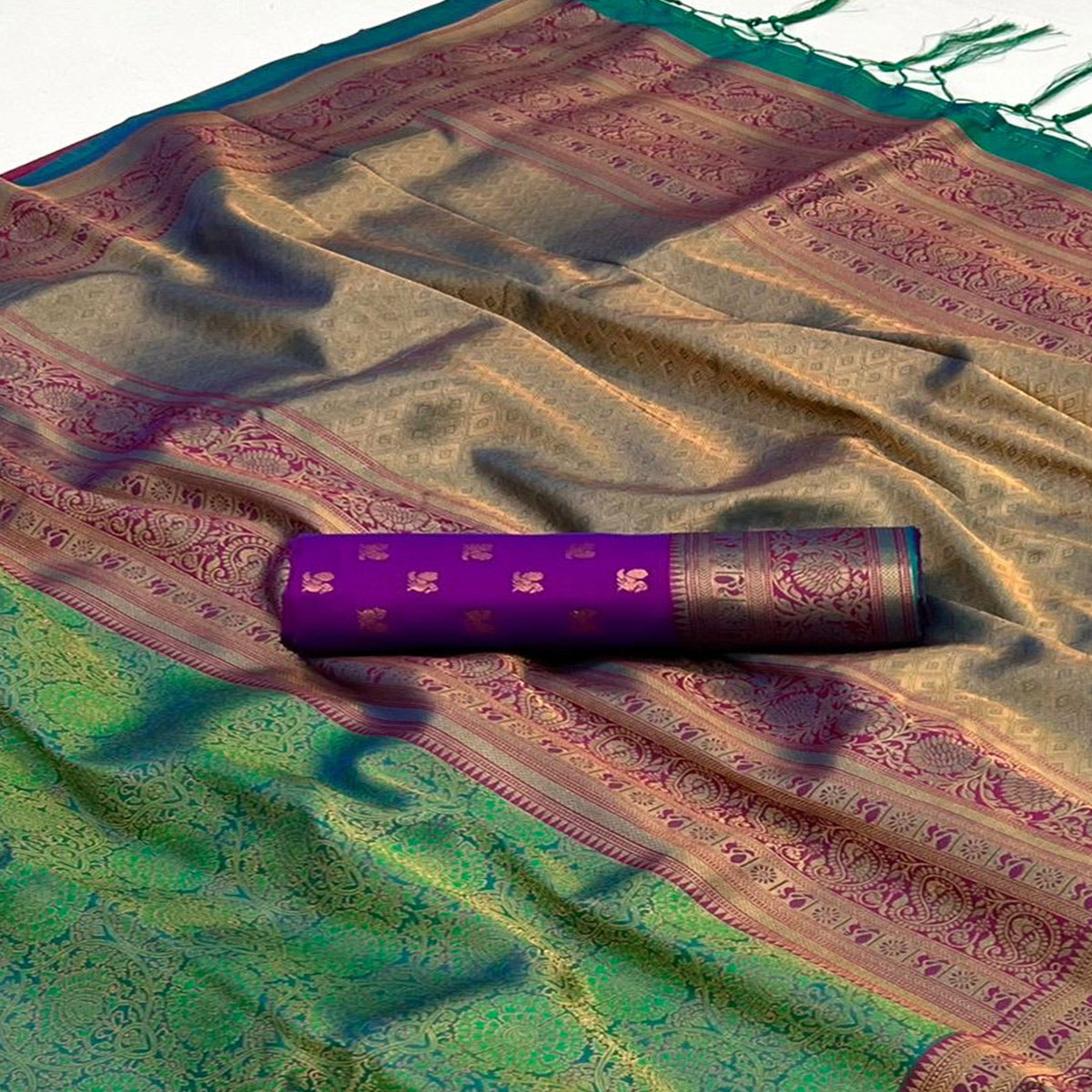 Green Floral Woven Art Silk Saree With Tassels