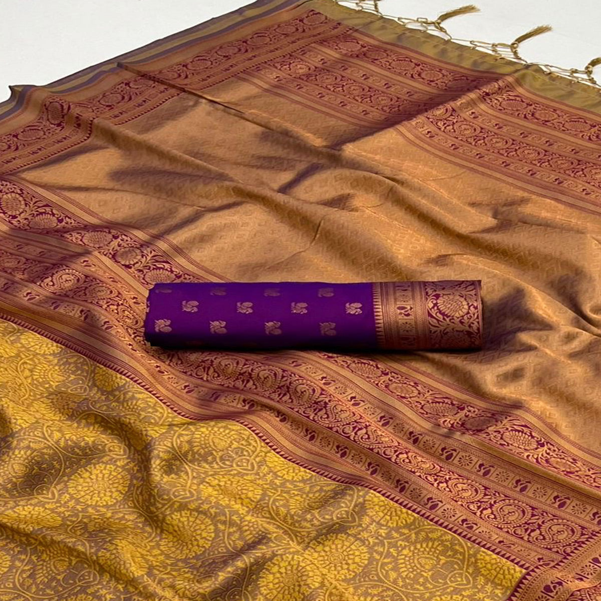 Mustard Floral Woven Art Silk Saree With Tassels