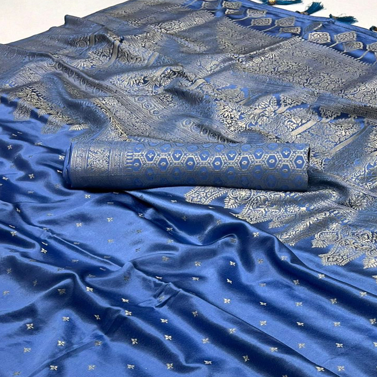 Blue Zari Woven Satin Silk Saree With Tassels