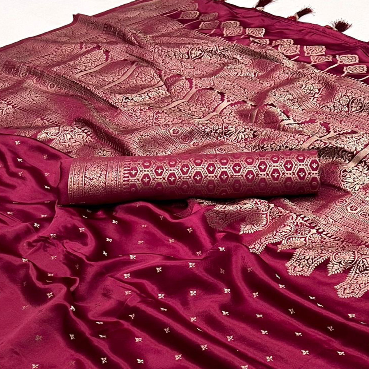 Wine Zari Woven Satin Saree With Tassels