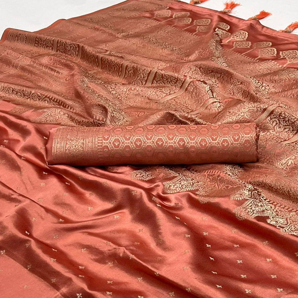 Peach Zari Woven Satin Saree With Tassels