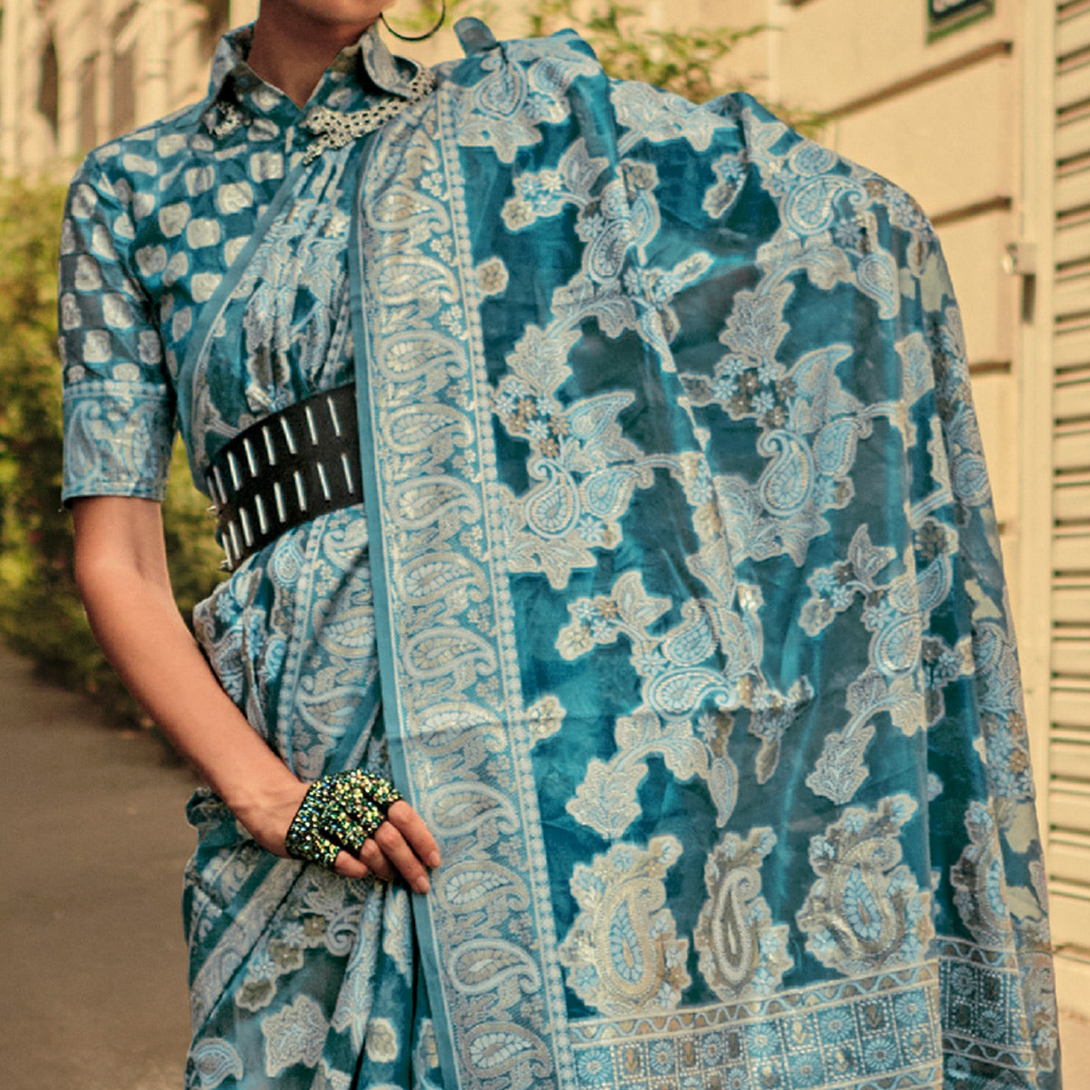 Rama Blue Woven Organza Saree