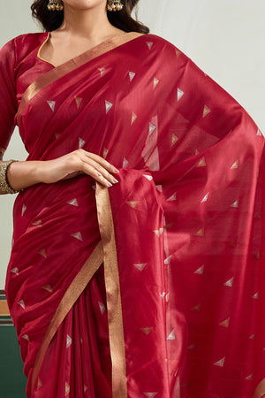 Classic Maroon Tussar Silk Saree Showcasing Rich Geometric Weaving & Trendy Tassel Pallu