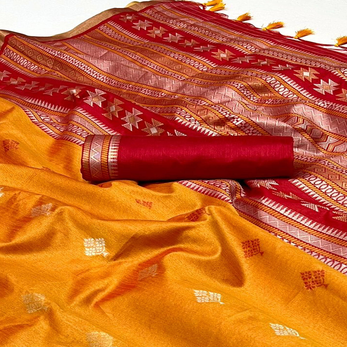 Mustard Woven Art Silk Saree With Tassels