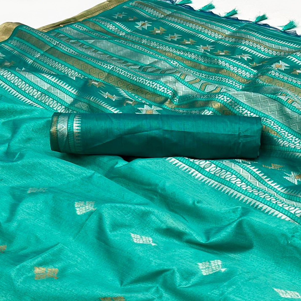 Turquoise Woven Art Silk Saree With Tassels