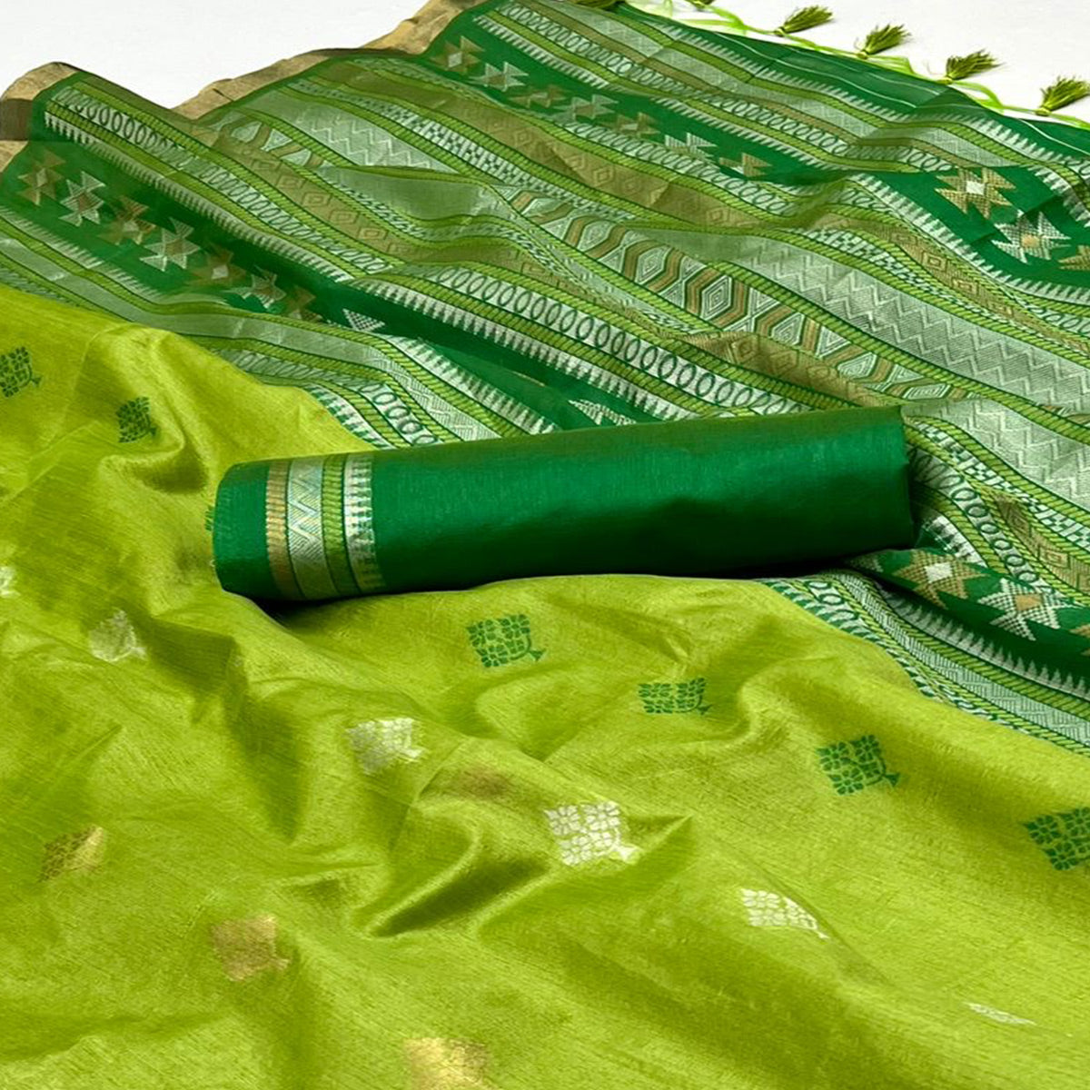 Green Woven Art Silk Saree With Tassels
