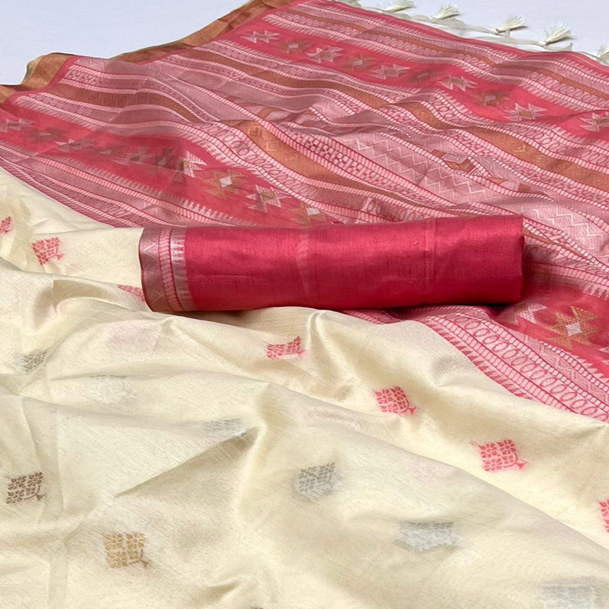 Off White Woven Art Silk Saree With Tassels