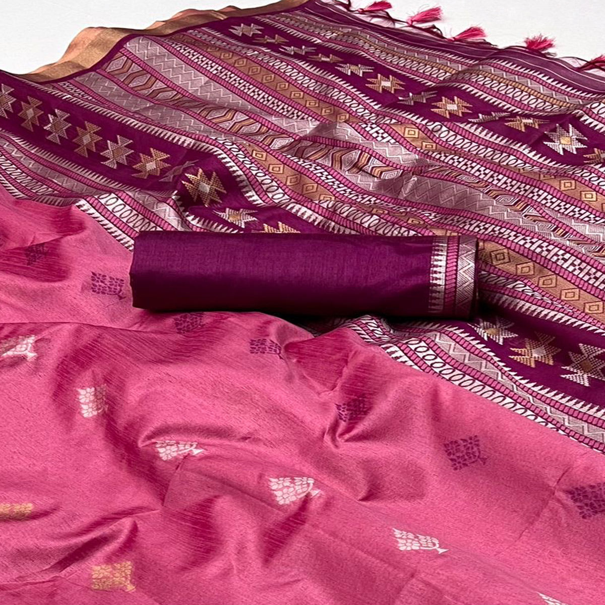 Pink Woven Art Silk Saree With Tassels