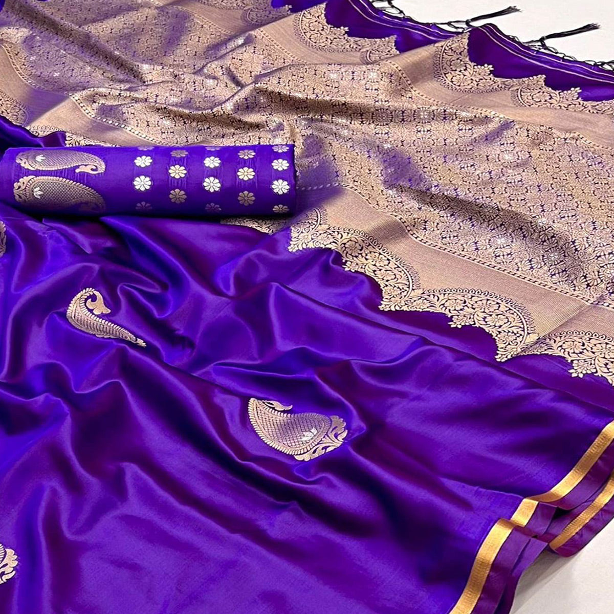 Purple Zari Work Woven Satin Saree With Tassels