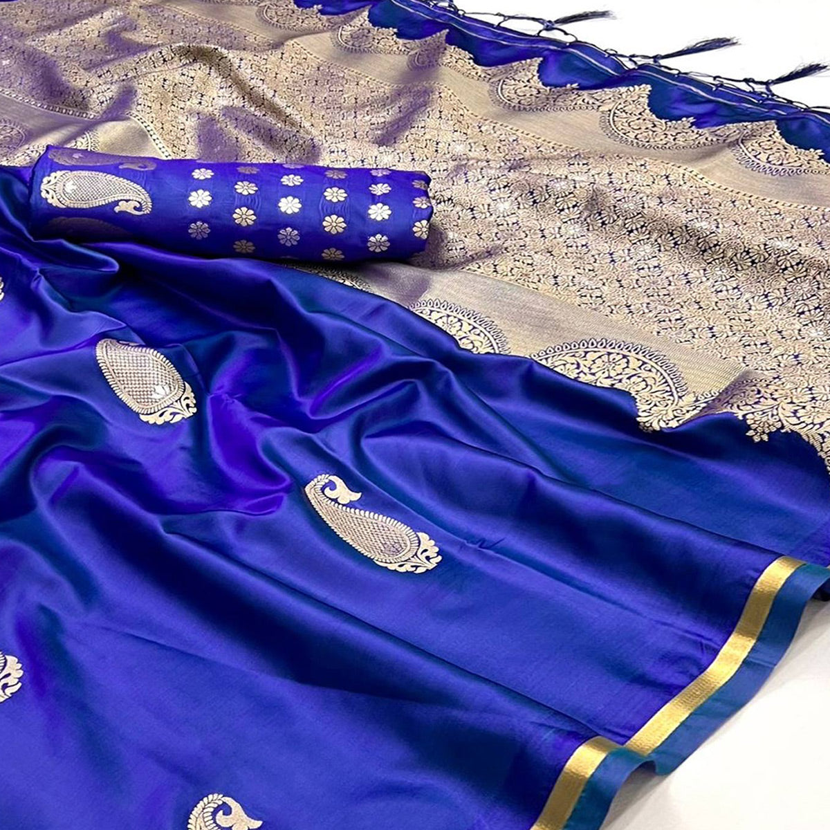 Royal Blue Zari Work Woven Satin Saree With Tassels