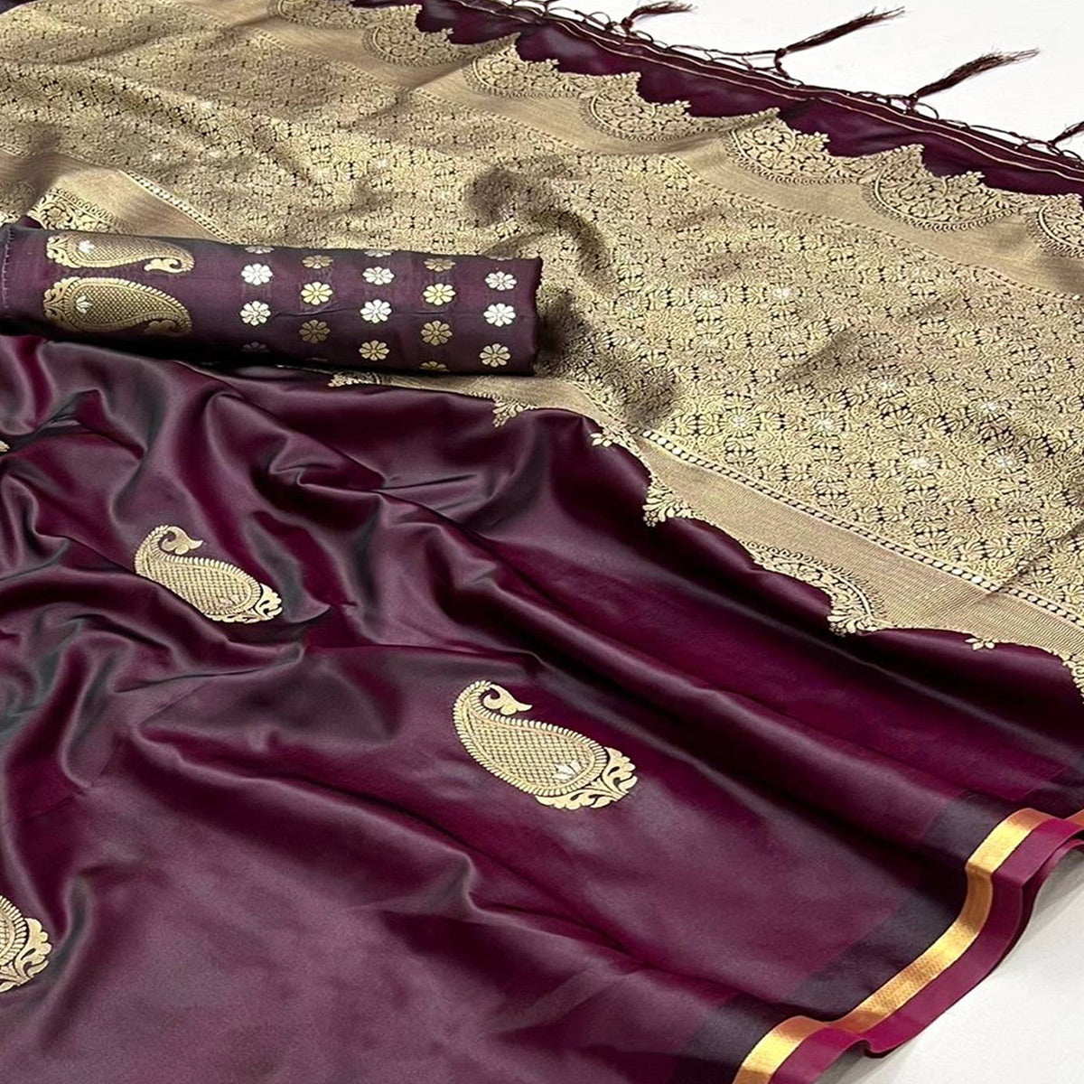 Burgundy Zari Work Woven Satin Saree With Tassels